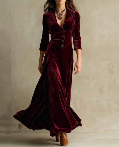 Elegant Velvet Maxi Dress for Women with Notch Lapel Collar Elbow Sleeve Button Front Flared Vintage Style