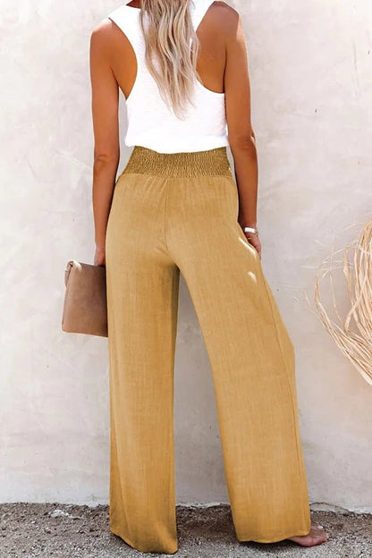 Effortless Wide Leg Pants for Women with High Waist Button Front Smocked Relaxed Style