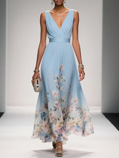 Elegant Floral Maxi Dress for Women with V Neck Sleeveless Pleated Waist Flowing Wedding Guest Style