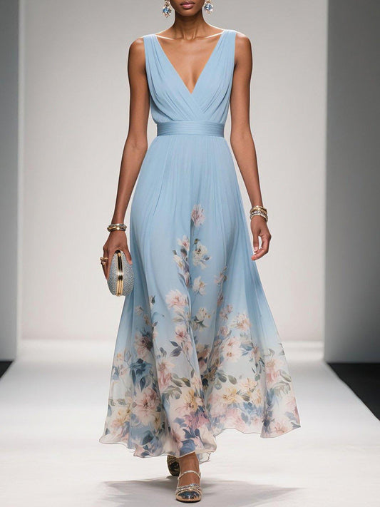 Elegant Floral Maxi Dress for Women with V Neck Sleeveless Pleated Waist Flowing Wedding Guest Style