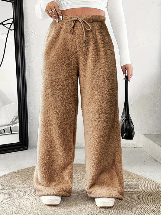 Comfortable Fuzzy Fleece Wide Leg Pants for Women with High Waist Drawstring Relaxed Casual Style
