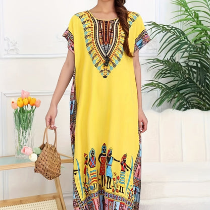 Effortless Tribal Print Kaftan Maxi Dress for Women with V Neck Short Sleeve Flowing Bohemian Style