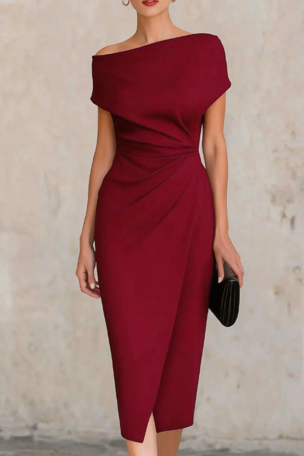 Elegant Draped Midi Sheath Dress for Women with Off Shoulder Cap Sleeve Ruched Wrap Cocktail Style
