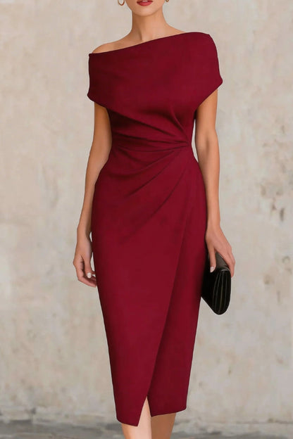 Elegant Draped Midi Sheath Dress for Women with Off Shoulder Cap Sleeve Ruched Wrap Cocktail Style