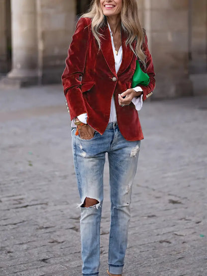 Elegant Velvet Blazer for Women with Notch Lapel Long Sleeve Single Button Tailored Style