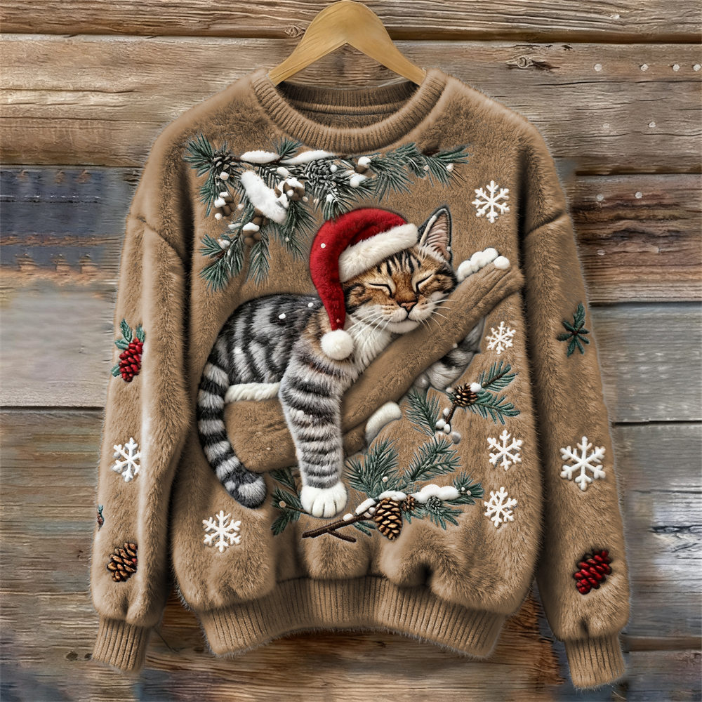 Comfortable Christmas Cat Print Sweater for Women with Crew Neck Long Sleeve Embroidered Fuzzy Knit Style