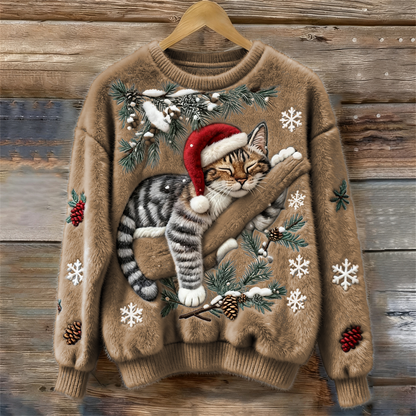 Comfortable Christmas Cat Print Sweater for Women with Crew Neck Long Sleeve Embroidered Fuzzy Knit Style