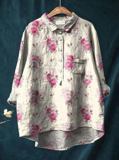 Effortless Floral Blouse for Women with Collar Long Sleeve Button Front High Low Hem Relaxed Style