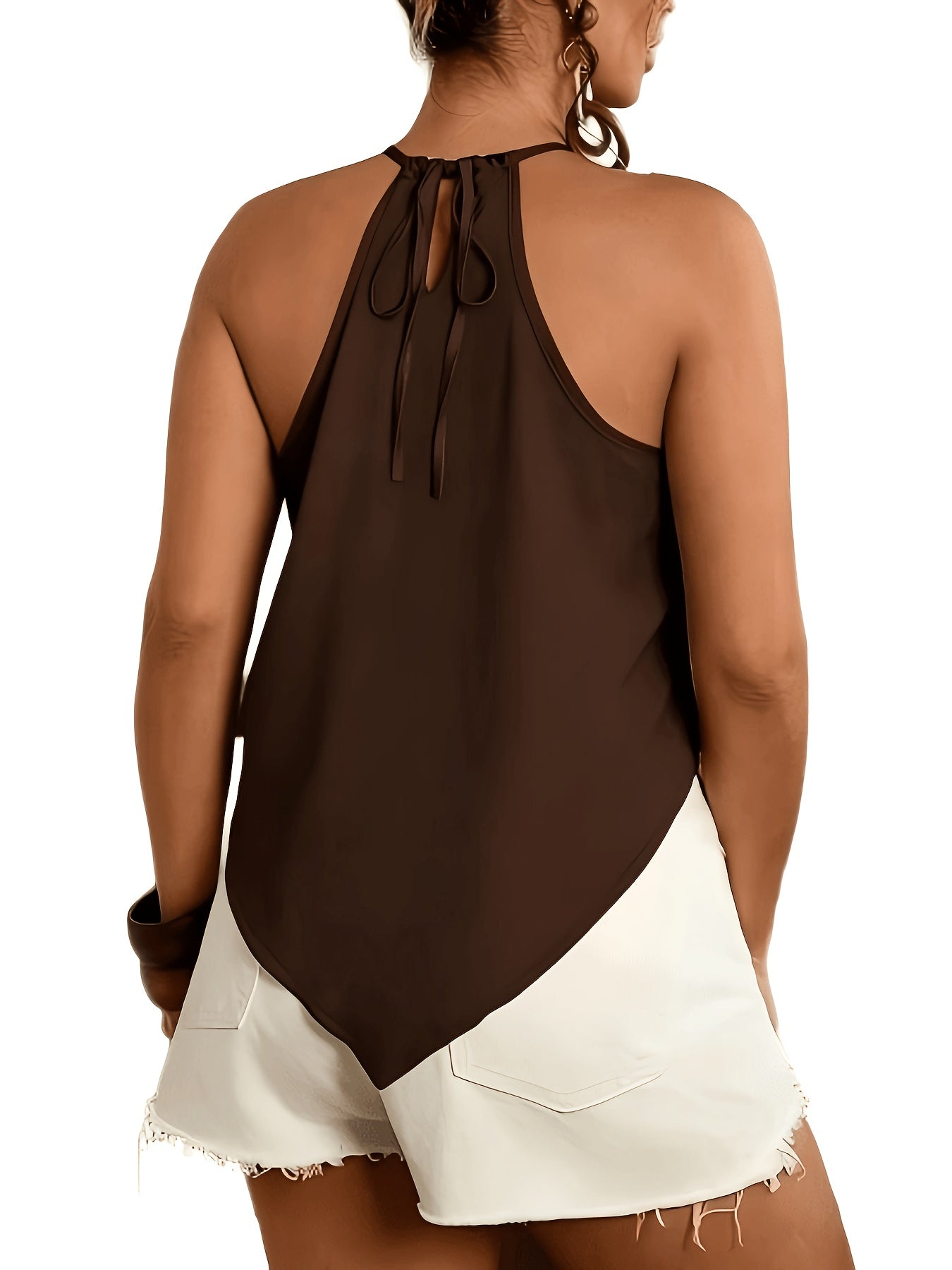 Effortless Colorblock Halter Top for Women with High Neck Sleeveless Pleated Flowing Style
