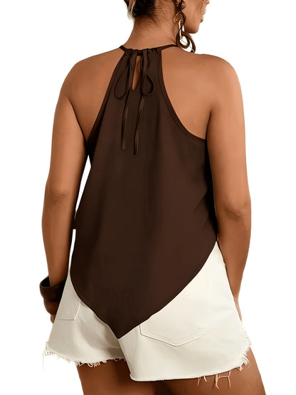 Effortless Colorblock Halter Top for Women with High Neck Sleeveless Pleated Flowing Style