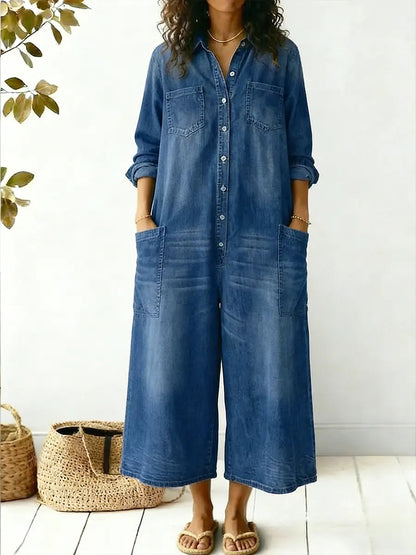 Effortless Denim Wide Leg Jumpsuit for Women with Collar Long Sleeve Button Front Patch Pocket Casual Style