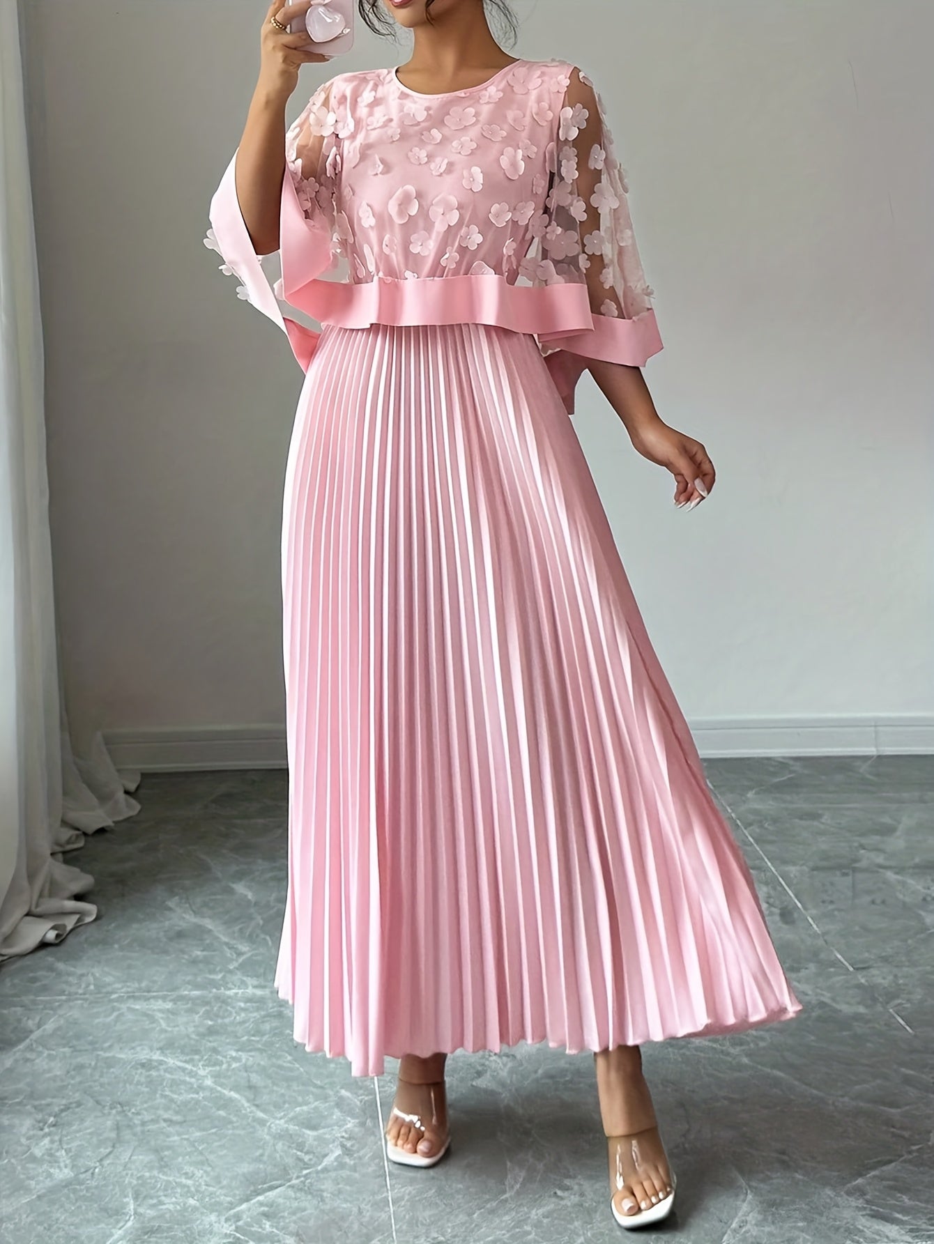 Elegant Floral Mesh Two Piece Set for Women with Round Neck Flutter Sleeve Pleated Maxi Skirt Formal Style