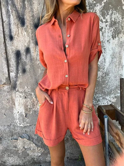 Effortless Linen Two Piece Set for Women with Collar Button Front Half Sleeve Pleated Shorts Casual Style