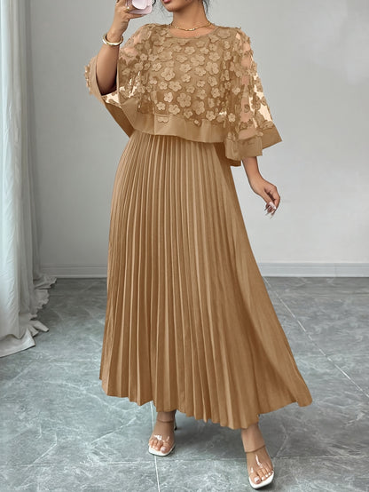 Elegant Floral Mesh Two Piece Set for Women with Round Neck Flutter Sleeve Pleated Maxi Skirt Formal Style