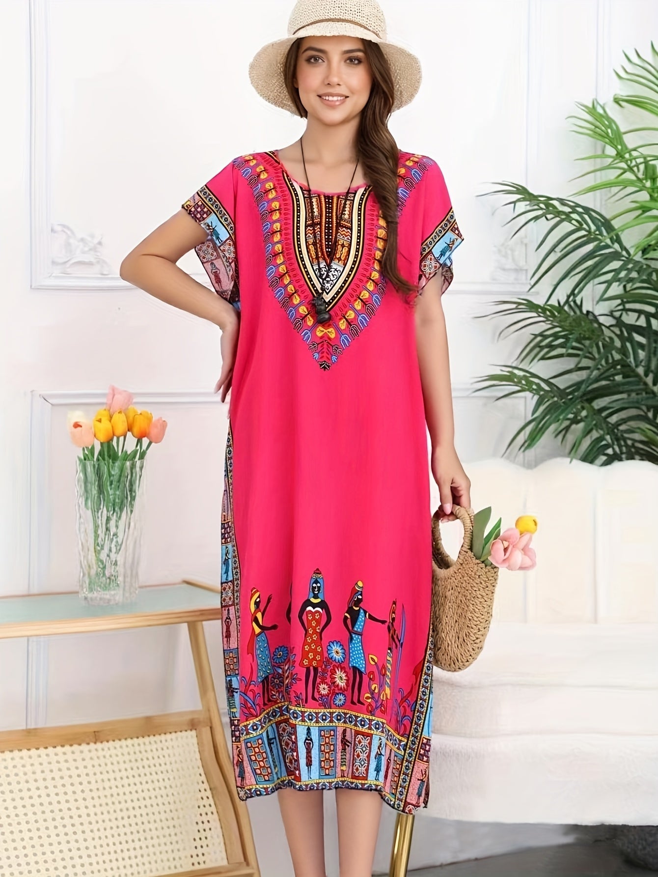 Effortless Tribal Print Kaftan Maxi Dress for Women with V Neck Short Sleeve Flowing Bohemian Style