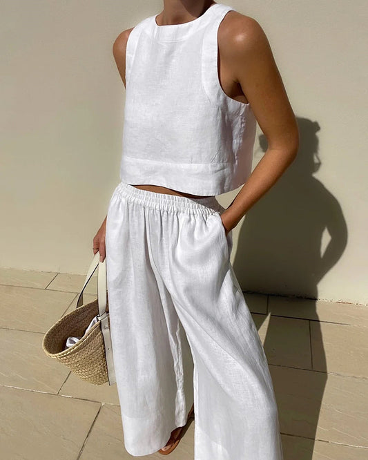 Effortless Linen Wide Leg Set for Women with Square Neck Sleeveless Relaxed Two Piece Style
