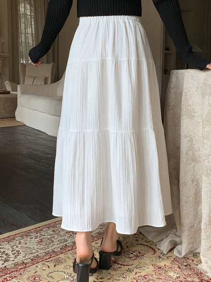 Effortless White Crinkle Maxi Skirt for Women with Elastic Waist Tiered A Line Flowing Style