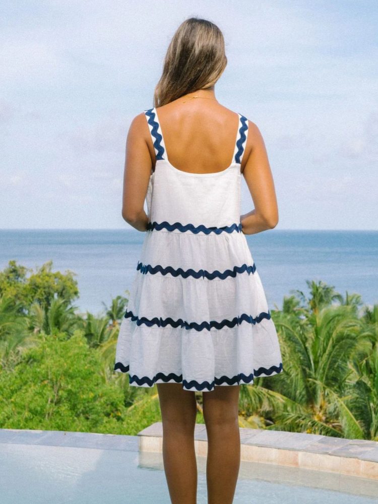Effortless Tiered Mini Dress for Women with Square Neck Sleeveless Ric Rac Trim Flowy Style