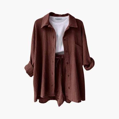 Effortless Textured Cotton Two Piece Set for Women with Collared Long Sleeve Button Front Drawstring Shorts Relaxed Style