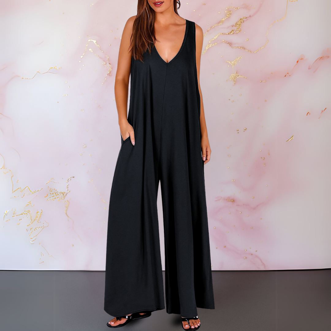 Effortless Wide Leg Jumpsuit for Women with V Neck Sleeveless Relaxed Pocket Casual Style