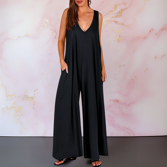 Effortless Wide Leg Jumpsuit for Women with V Neck Sleeveless Relaxed Pocket Casual Style