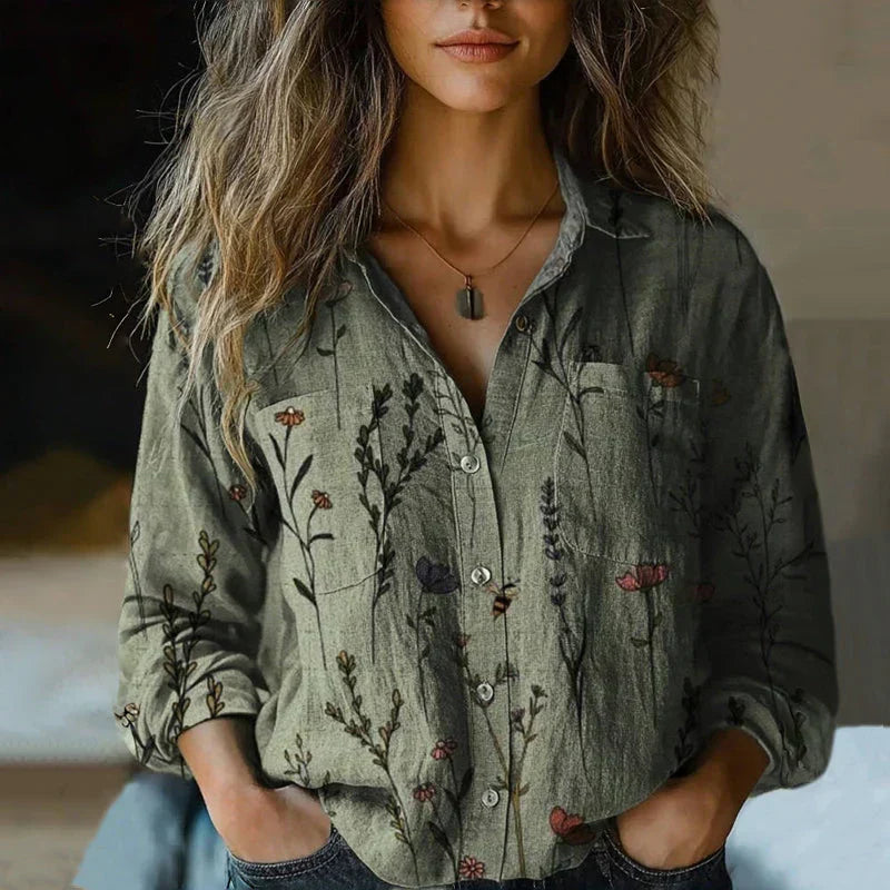 Effortless Boho Print Blouse for Women with Collar Long Sleeve Button Front Casual Style