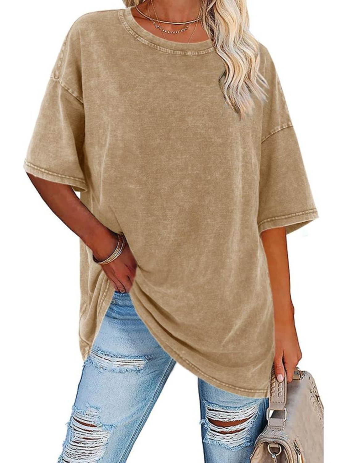 Comfortable Washed Tunic Top for Women with Crew Neck Half Sleeve Oversized Relaxed Casual Style
