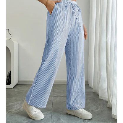 Effortless Striped Linen Wide Leg Pants for Women with High Waist Drawstring Relaxed Flowing Casual Style