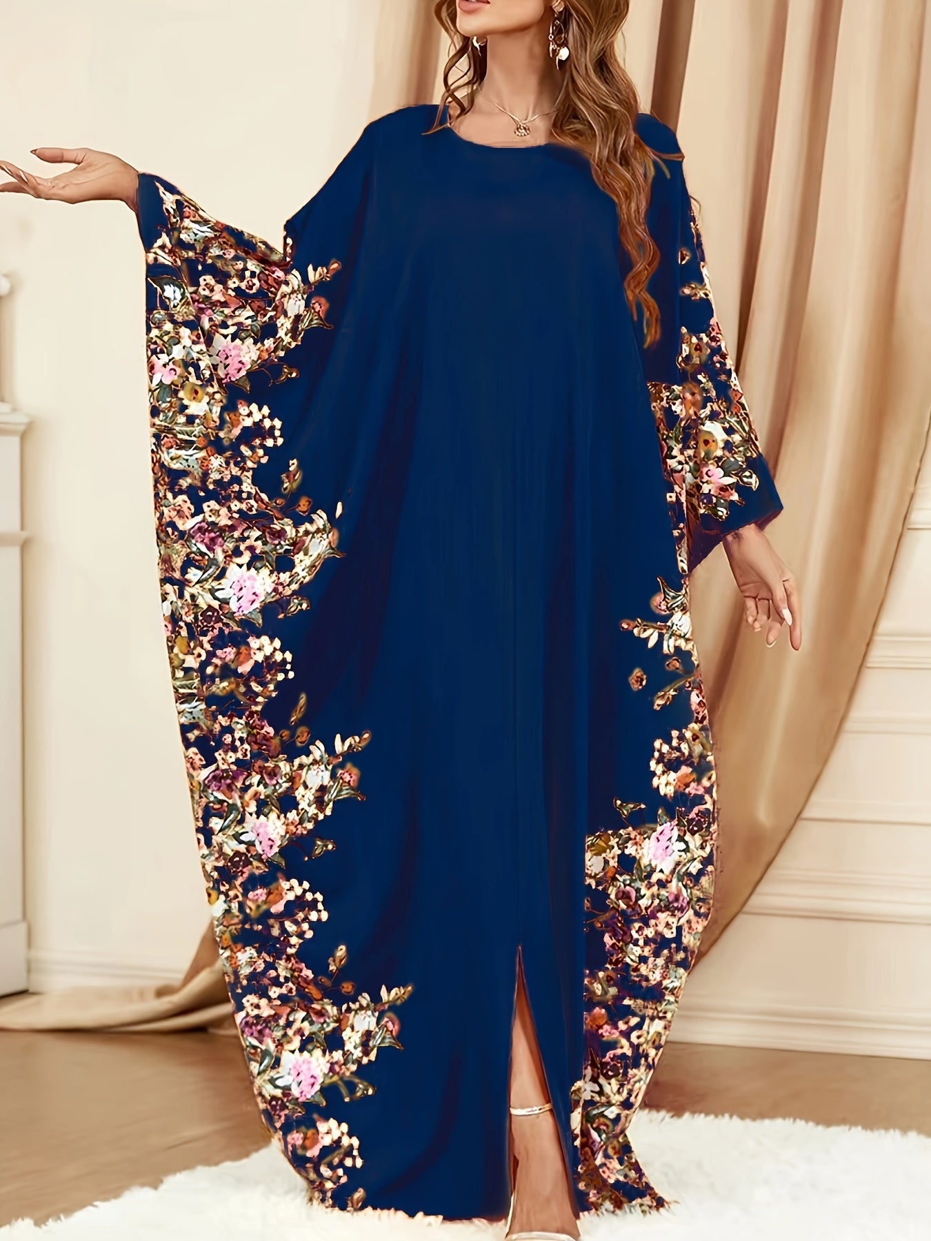 Elegant Floral Print Kaftan Maxi Dress for Women with Round Neck Batwing Sleeve Flowing Style