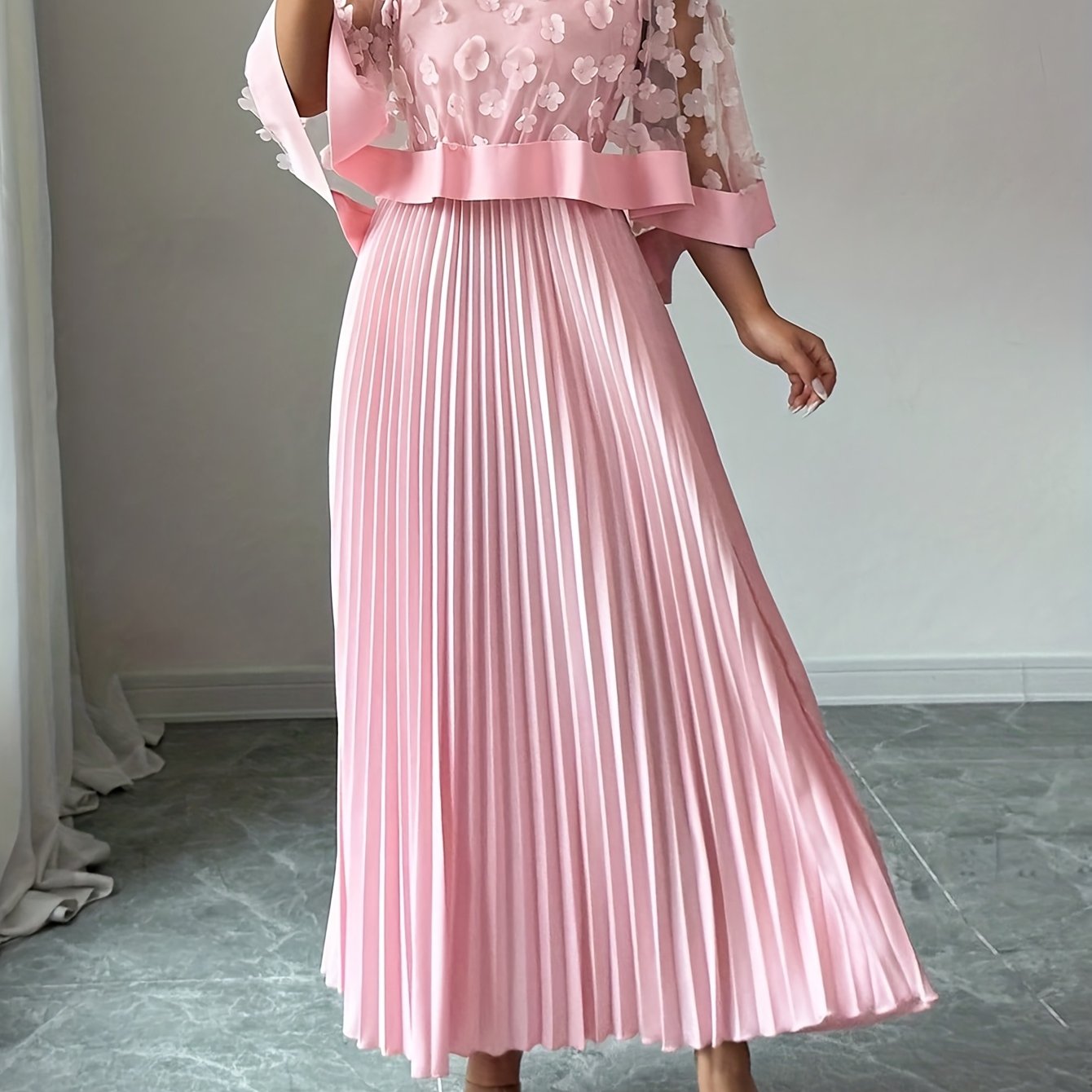 Elegant Floral Mesh Two Piece Set for Women with Round Neck Flutter Sleeve Pleated Maxi Skirt Formal Style