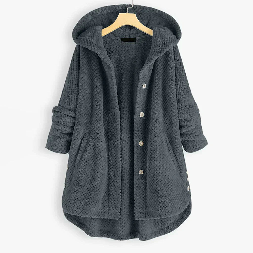 Comfortable Black Corduroy Hooded Coat for Women with Button Front Long Sleeve Oversized High Low Casual Style