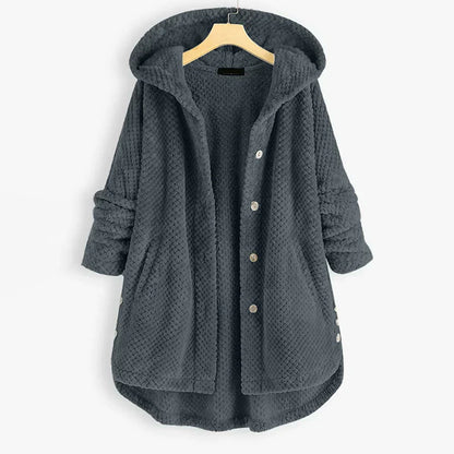 Comfortable Black Corduroy Hooded Coat for Women with Button Front Long Sleeve Oversized High Low Casual Style