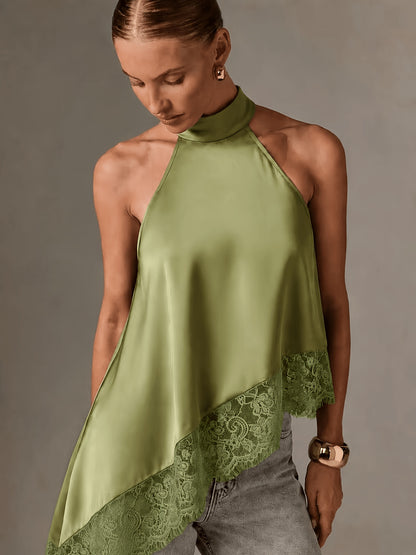 Elegant Satin Blouse for Women with Halter Neck Sleeveless Lace Trim Asymmetric Style