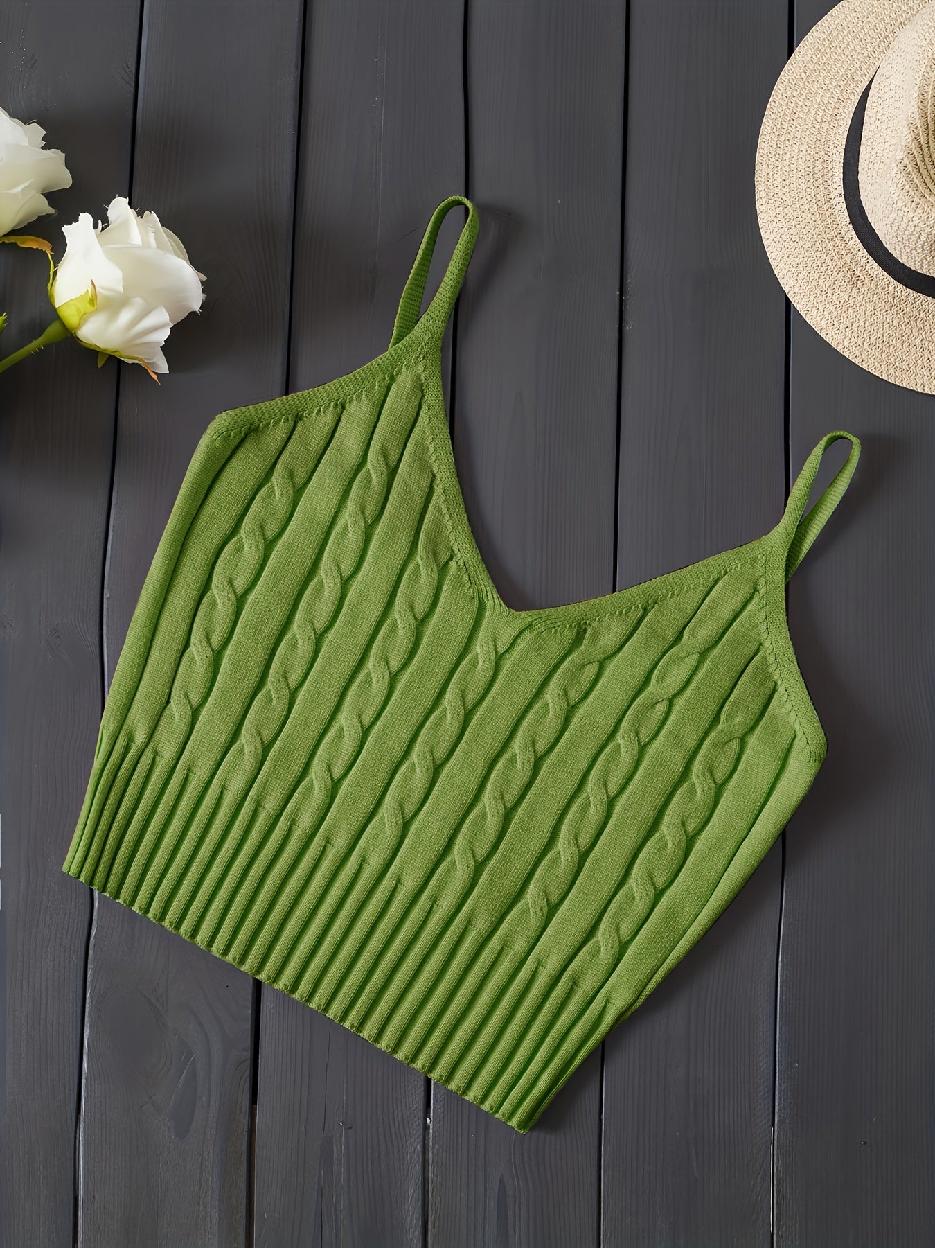 Effortless Cable Knit Tank for Women with V Neck Sleeveless Cropped Ribbed Casual Style
