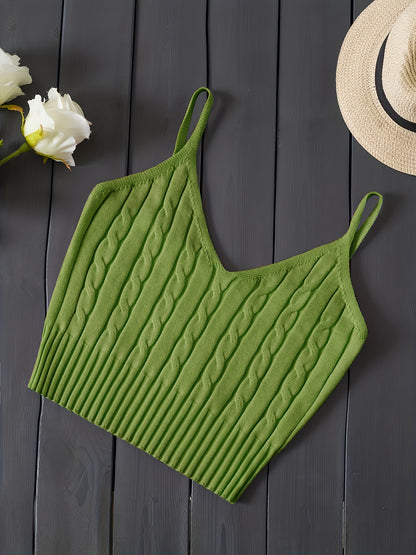 Effortless Cable Knit Tank for Women with V Neck Sleeveless Cropped Ribbed Casual Style