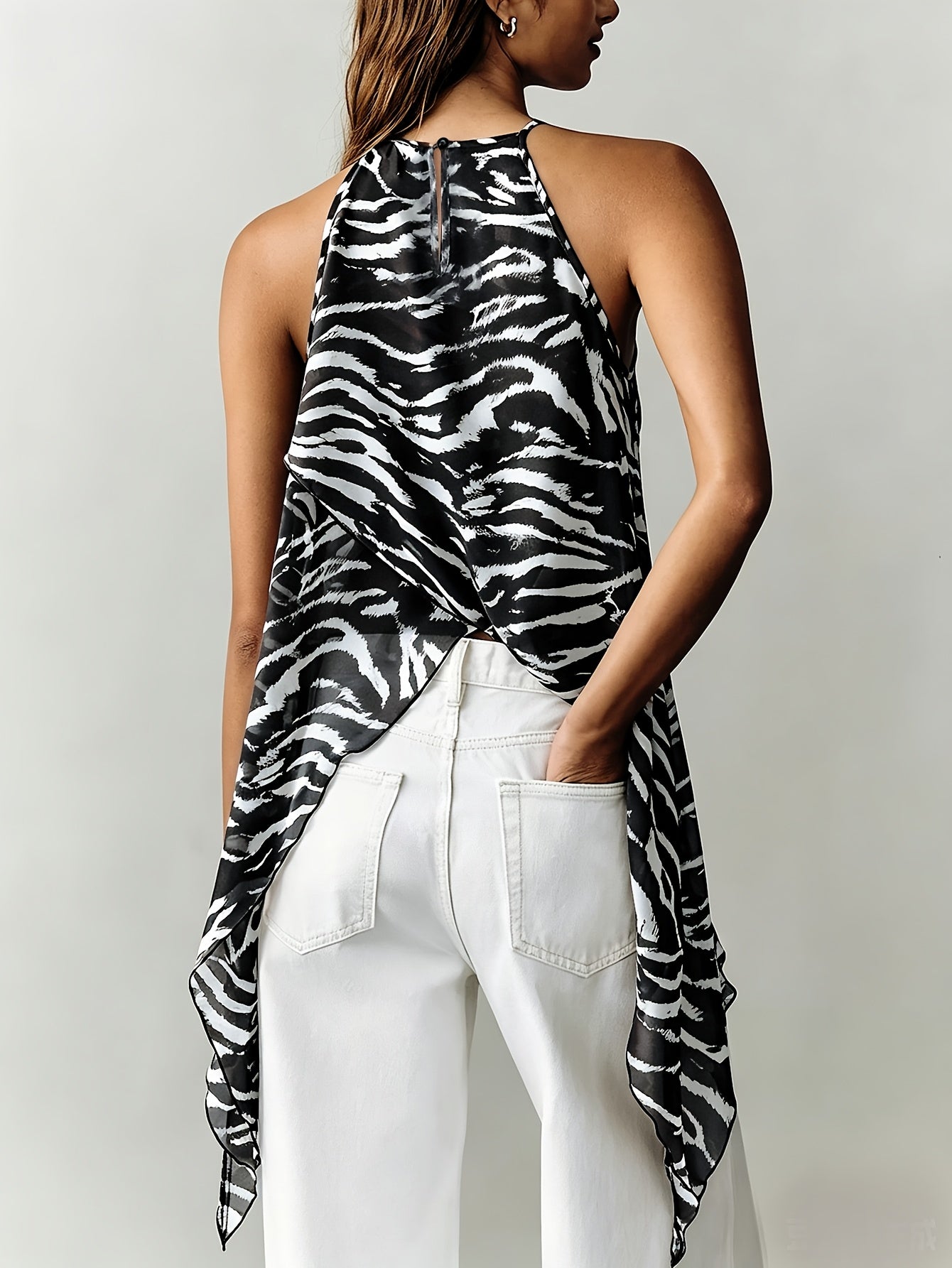 Elegant Brown Zebra Print Halter Top for Women with High Neck Sleeveless Wrap Asymmetrical Style
