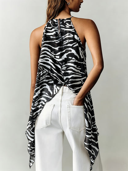 Elegant Brown Zebra Print Halter Top for Women with High Neck Sleeveless Wrap Asymmetrical Style