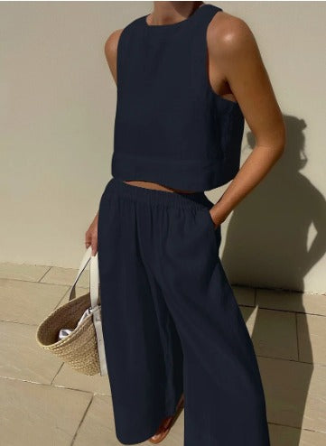 Effortless Linen Wide Leg Set for Women with Square Neck Sleeveless Relaxed Two Piece Style