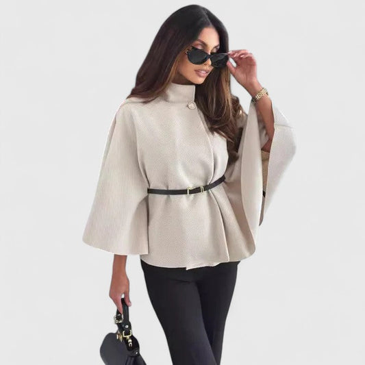 Elegant Textured Poncho for Women with High Neck Bell Sleeve Belted Peplum Style