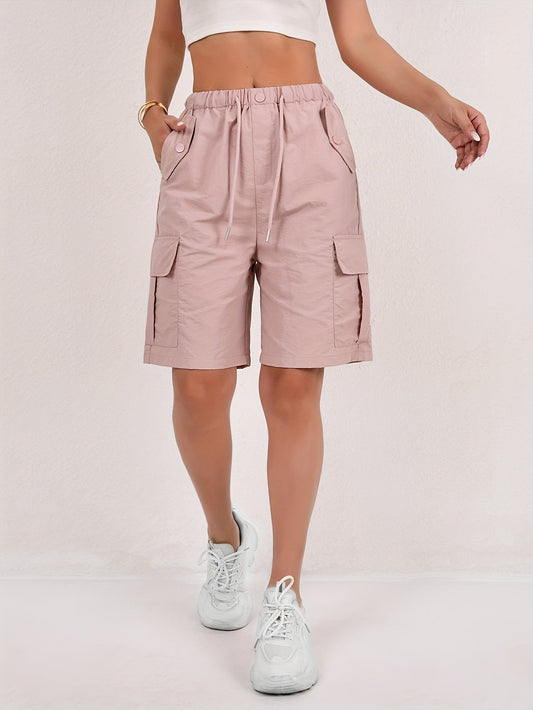 Effortless Pink Cargo Shorts for Women with High Waist Drawstring Relaxed Bermuda Style