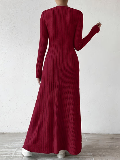 Elegant Ribbed Knit Maxi Dress for Women with V Neck Long Sleeve Fitted Flowing Style