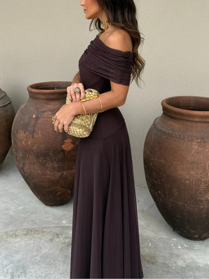 Elegant Mesh Maxi Dress for Women with Off Shoulder Ruched Bodice Flowing Evening Style