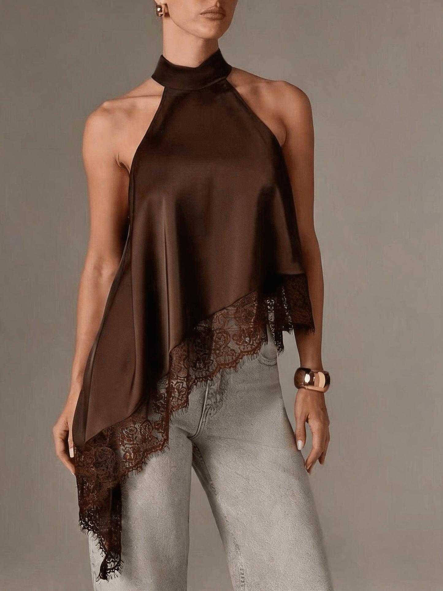 Elegant Satin Blouse for Women with Halter Neck Sleeveless Lace Trim Asymmetric Style