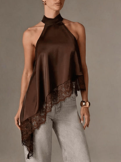 Elegant Satin Blouse for Women with Halter Neck Sleeveless Lace Trim Asymmetric Style