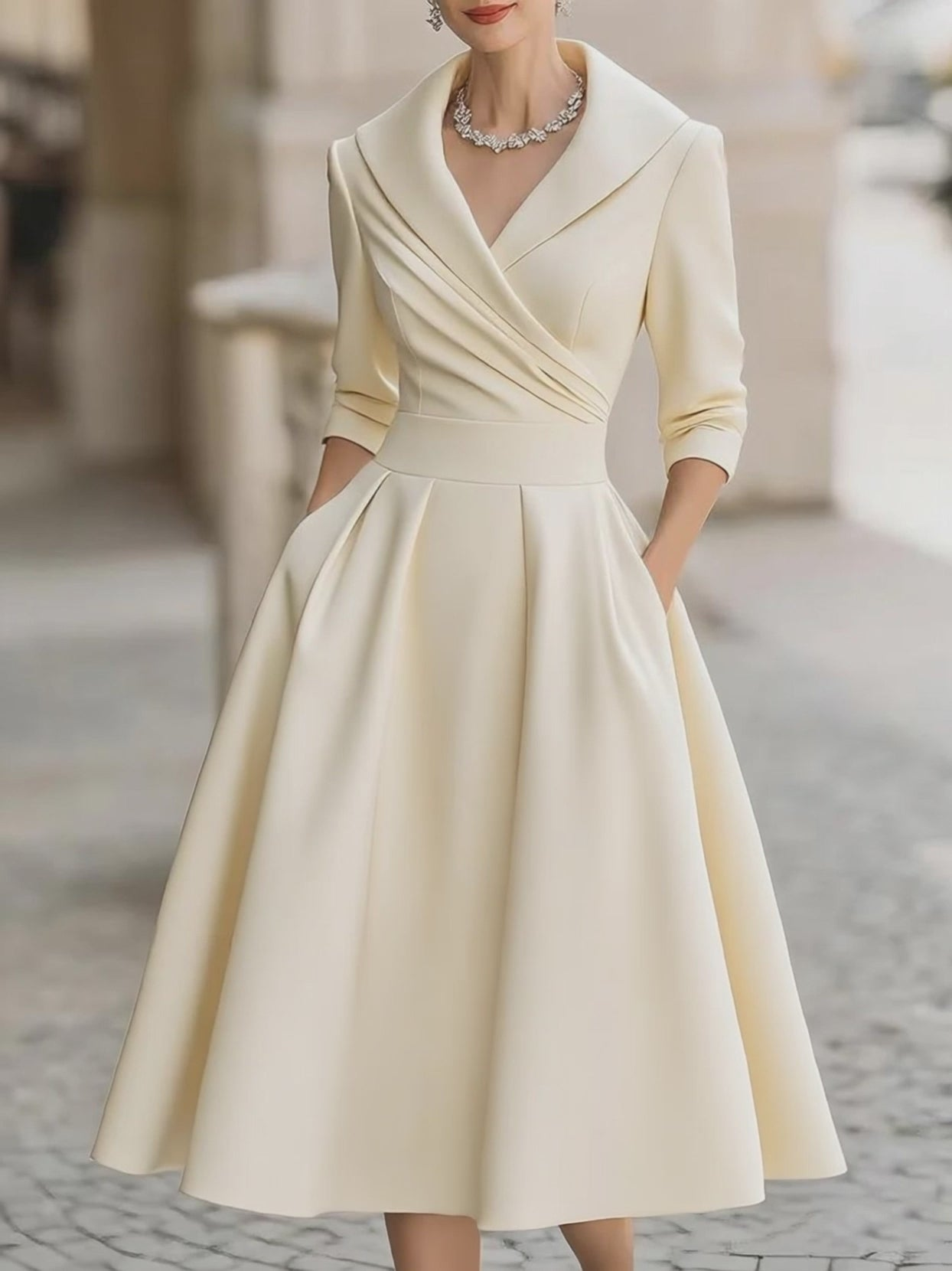 Elegant Satin Midi Dress for Women with Shawl Collar V Neck Elbow Sleeve Pleated Fit and Flare Style
