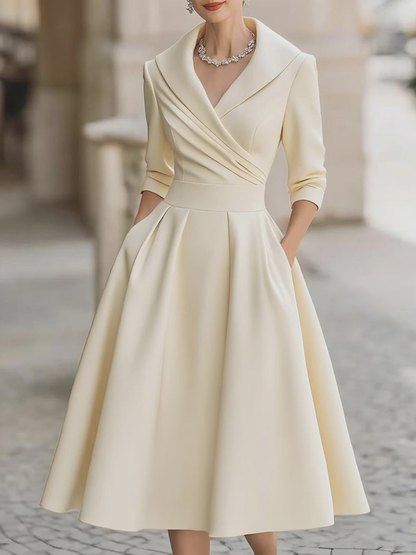 Elegant Satin Midi Dress for Women with Shawl Collar V Neck Elbow Sleeve Pleated Fit and Flare Style