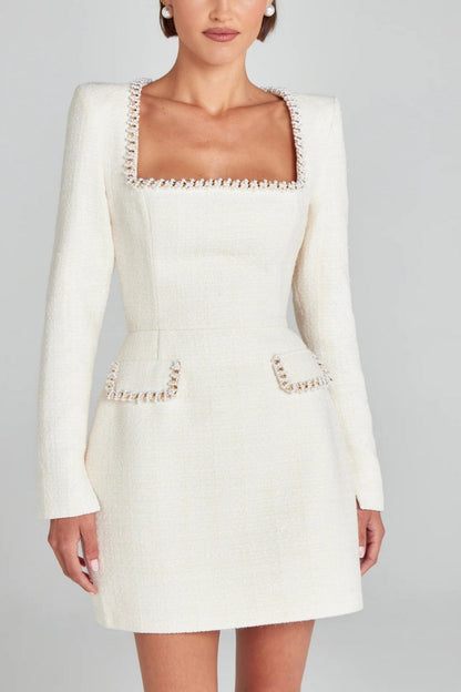 Elegant Tweed Mini Dress for Women with Mock Neck Cap Sleeve Pearl Trim Cocktail Style