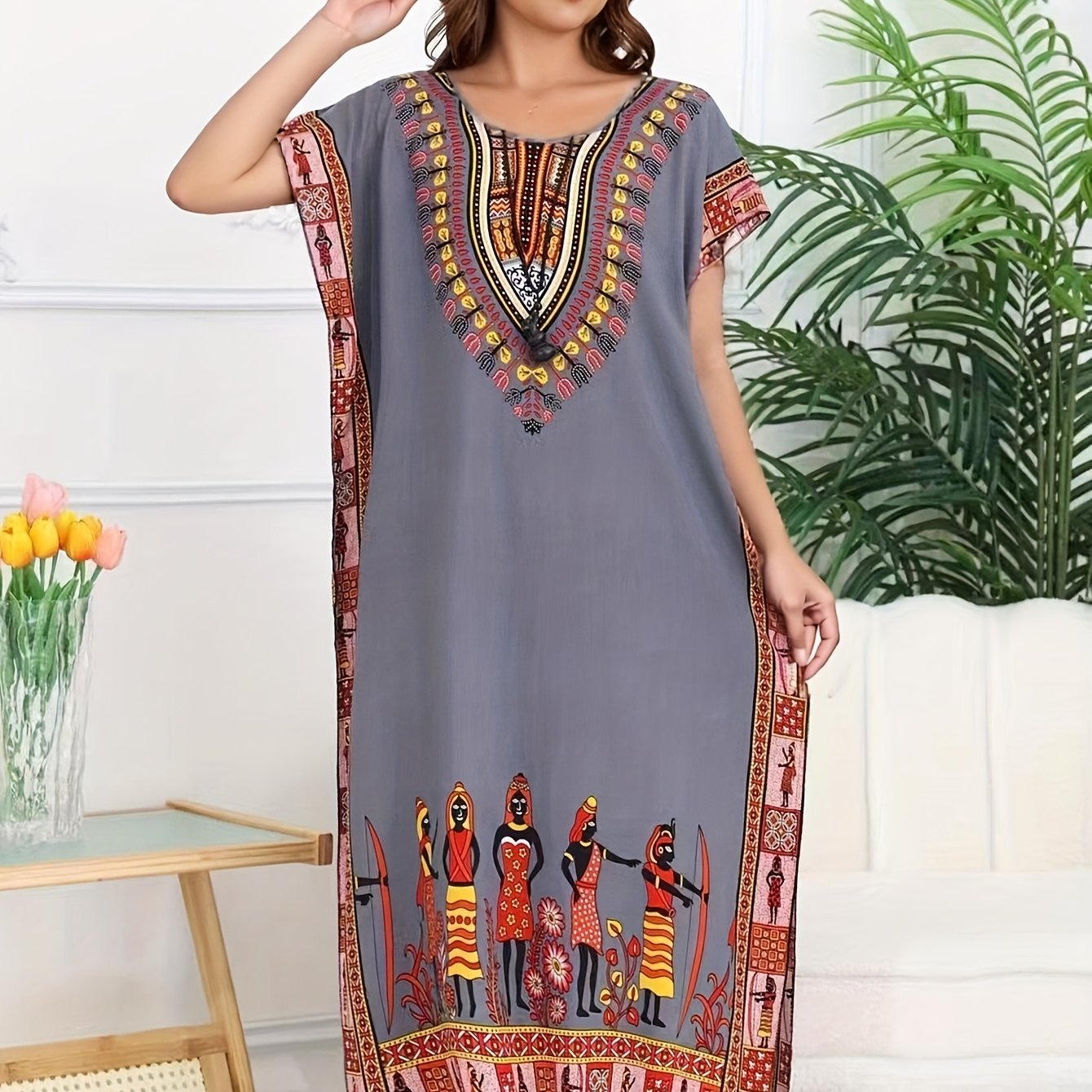 Effortless Tribal Print Kaftan Maxi Dress for Women with V Neck Short Sleeve Flowing Bohemian Style