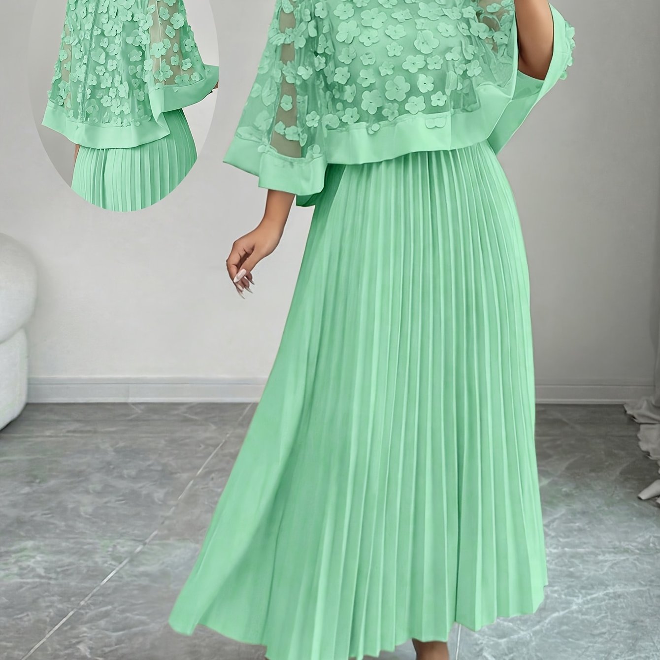 Elegant Floral Mesh Two Piece Set for Women with Round Neck Flutter Sleeve Pleated Maxi Skirt Formal Style