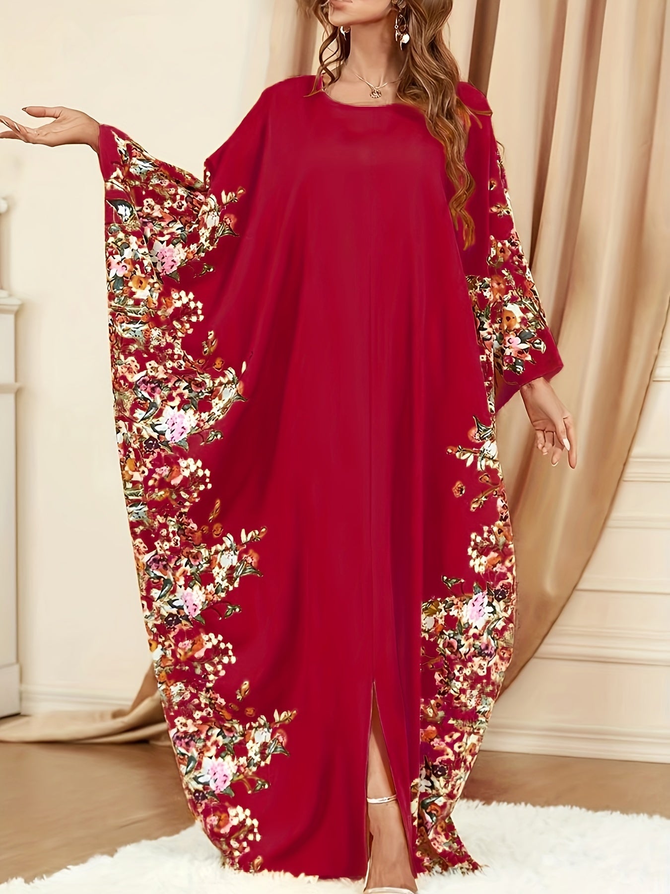 Elegant Floral Print Kaftan Maxi Dress for Women with Round Neck Batwing Sleeve Flowing Style
